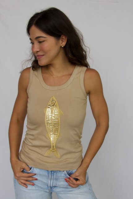 regata peixe frente | bege com dourado